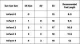 Table showing Sun-San size chart with US, AU, and EU sizes and recommended foot lengths for infants.