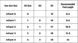 Table showing Sun-San size chart with US, AU, and EU sizes and recommended foot lengths for infants.