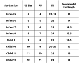 Table showing size conversions for Sun-San shoes across different countries and recommended foot lengths.