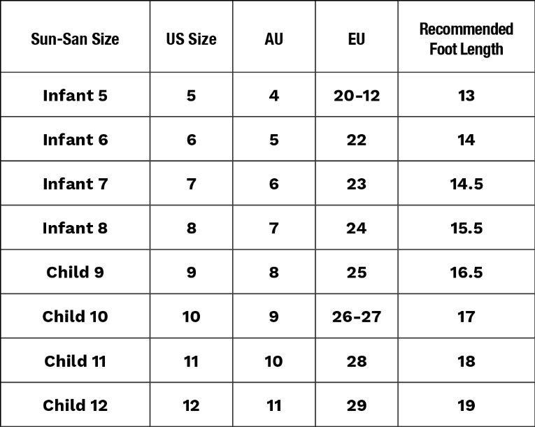Table showing size conversions for Sun-San shoes across different countries and recommended foot lengths.