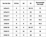 Table showing size conversions for Sun-San shoes across different countries and recommended foot lengths.