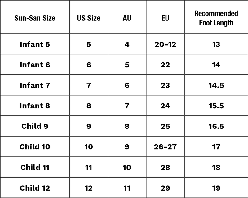 Table showing size conversions for Sun-San shoes across different countries and recommended foot lengths.