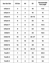 Size chart for Sun-San shoes comparing sizes in US, AU, EU, and recommended foot length.