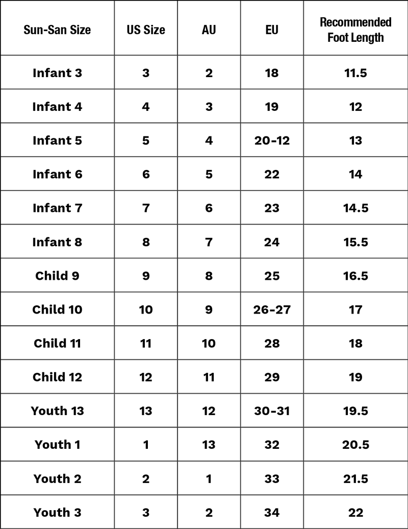 Size chart for Sun-San shoes comparing sizes in US, AU, EU, and recommended foot length.