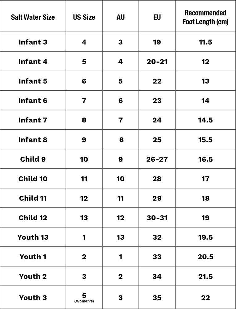 Table showing shoe size conversions for infants, children, and youth.