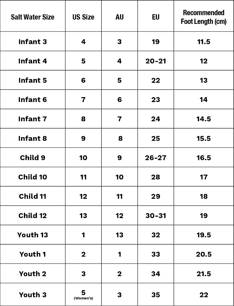 Table showing shoe size conversions for infants, children, and youth.